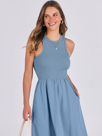 PRODUCTO 749-5 ANRABESS Vestido de verano casual sin mangas midi de punto de retales con cuello alto, camiseta sin mangas, espalda cruzada, vestidos fluidos, bolsillos azul grande