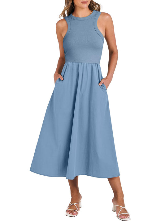 PRODUCTO 749-5 ANRABESS Vestido de verano casual sin mangas midi de punto de retales con cuello alto, camiseta sin mangas, espalda cruzada, vestidos fluidos, bolsillos azul grande