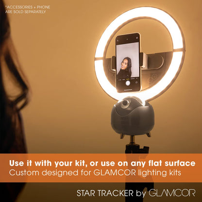 PRODUCTO 627 Glamcor Star Tracker | Seguimiento facial automático de 2 ejes impulsado por IA, no necesita aplicación, se adapta a la cámara, luces para iPad con accesorio multimedia (gris)