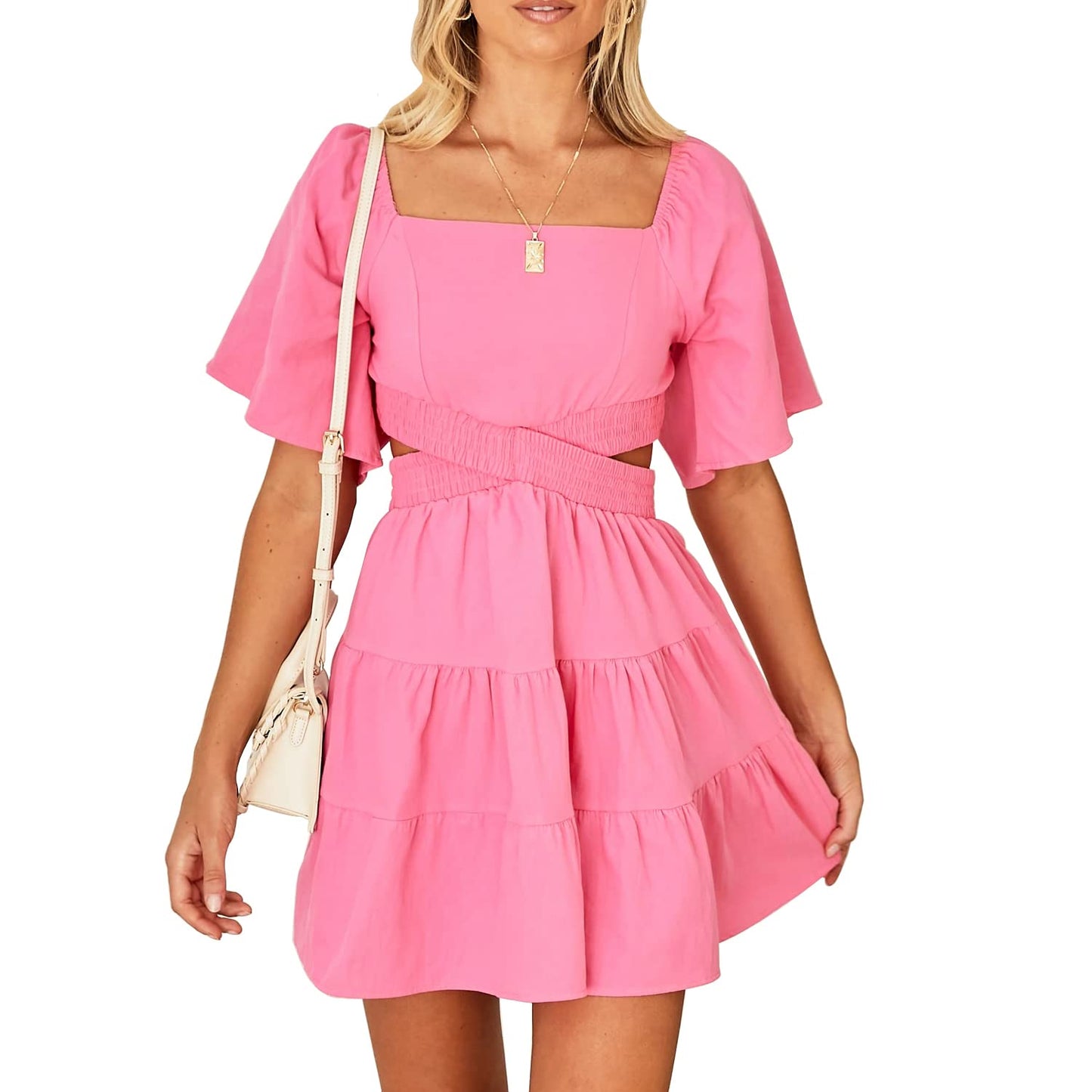 PRODUCTO 759-1 Vestido de verano para mujer Shy Velvet, cuello cuadrado, manga corta, cintura cruzada, minivestido informal de fiesta, color rosa