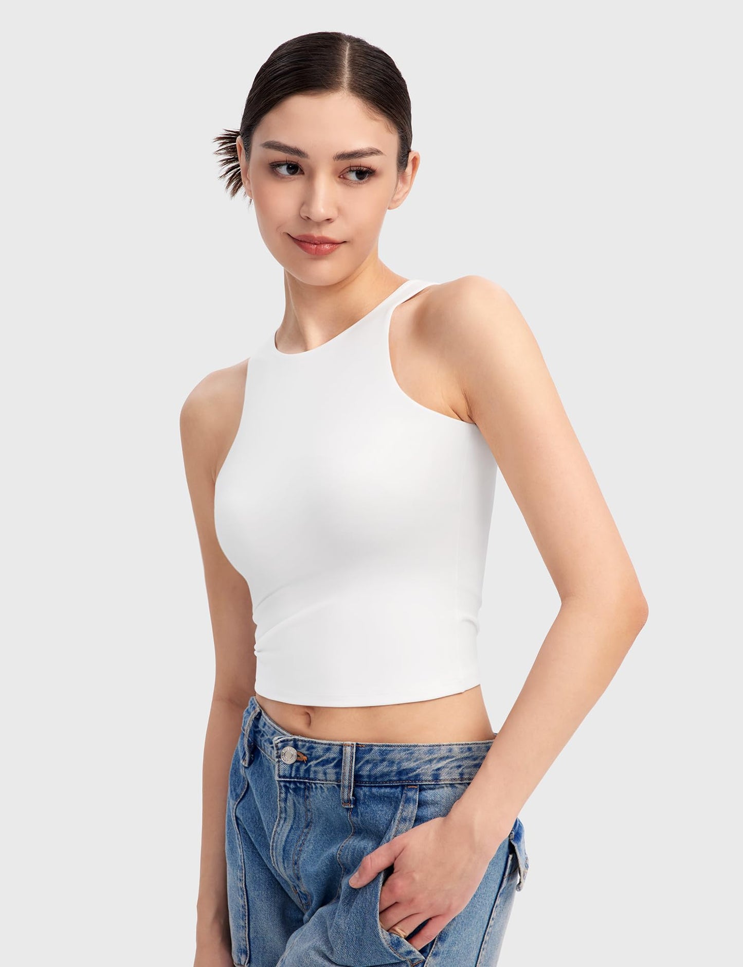 PRODUCTO 698-1 PUMIEY Camisetas sin mangas blancas para mujer Camisetas cortas sin mangas con cuello alto Camisetas básicas con doble forro, blanco salpicado pequeño