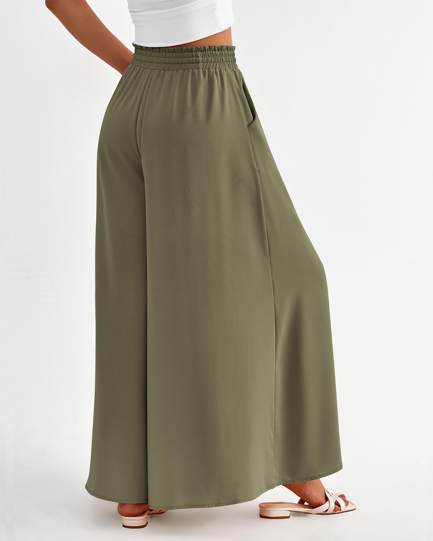 PRODUCTO 653 BTFBM Pantalones palazzo de verano para mujer, pantalones casuales con cintura elástica y pierna ancha, pantalones de playa fluidos, ropa de resort para mujer 2024 (verde militar sólido, pequeño)