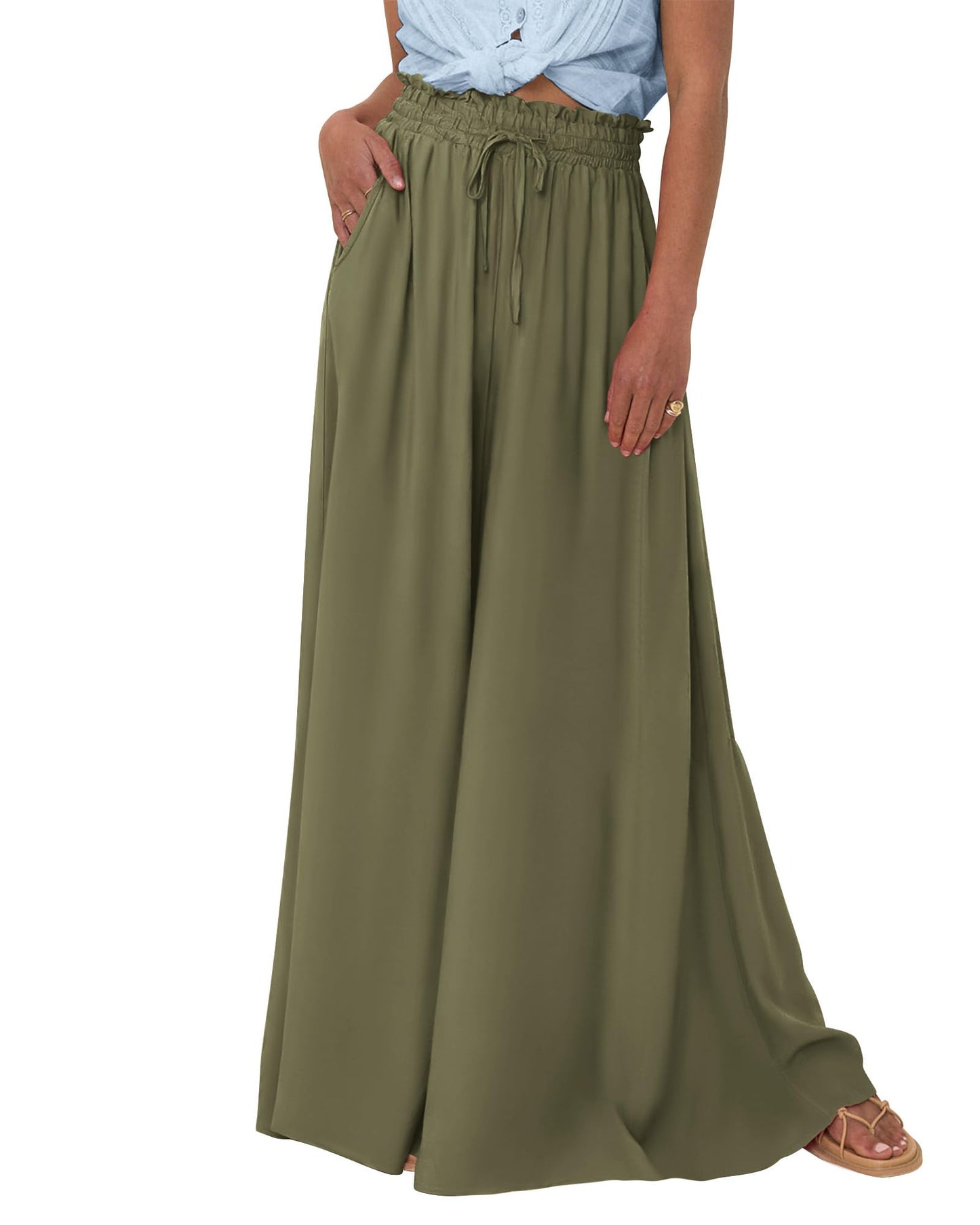 PRODUCTO 653 BTFBM Pantalones palazzo de verano para mujer, pantalones casuales con cintura elástica y pierna ancha, pantalones de playa fluidos, ropa de resort para mujer 2024 (verde militar sólido, pequeño)