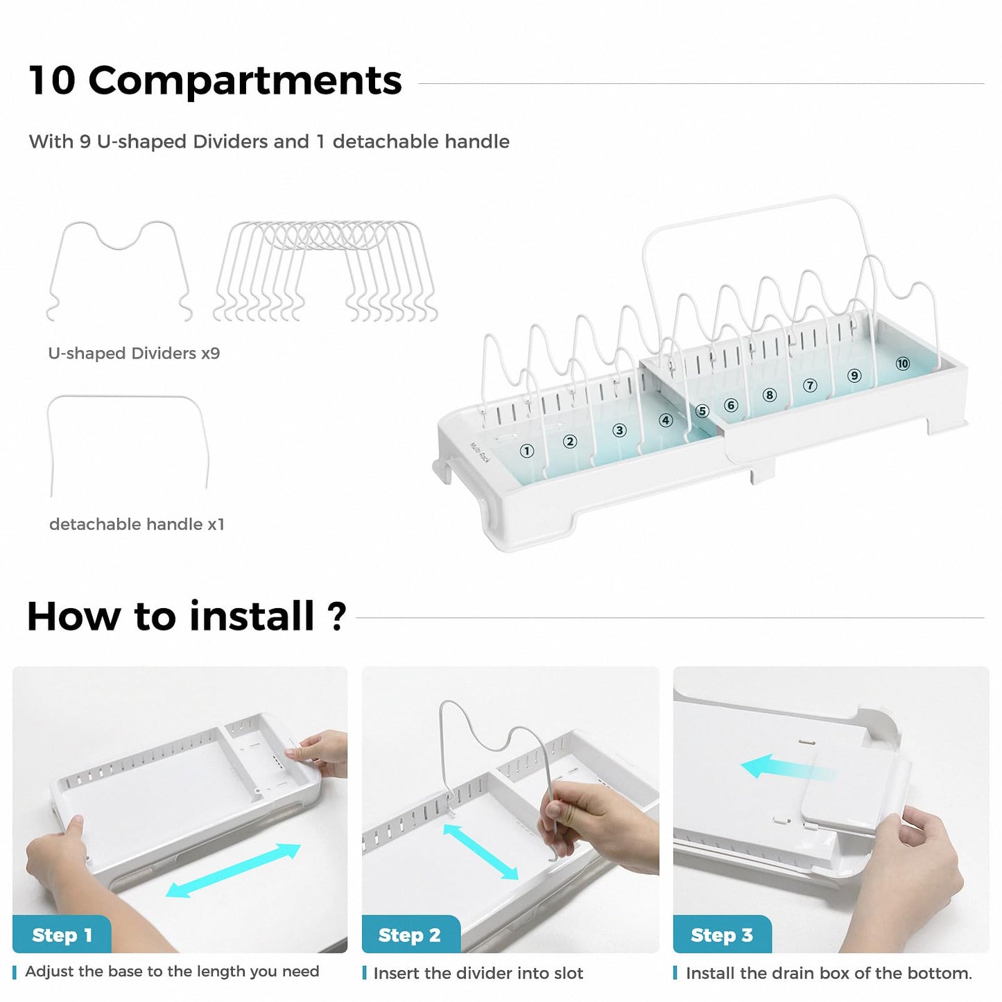 PRODUCTO 679-3 Organizador de tapas de ollas expandible - Organizador de ollas y sartenes para gabinete con 10 compartimentos ajustables y asa - Organizador de estantes para ollas y estante para tapas de ollas para tablas de cortar, platos, fuentes