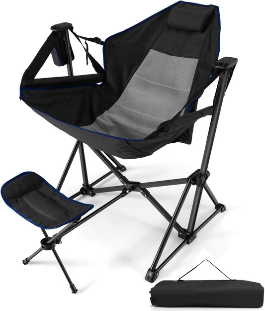 PRODUCTO 693 HAPPYGRILL Hamaca Silla de Camping Silla Columpio Plegable para Acampar con Reposapiés Retráctil, Almohada para la Cabeza Acogedora, Bolsa de Transporte, Mecedora Ligera y Portátil para Acampar Pesca Picnic