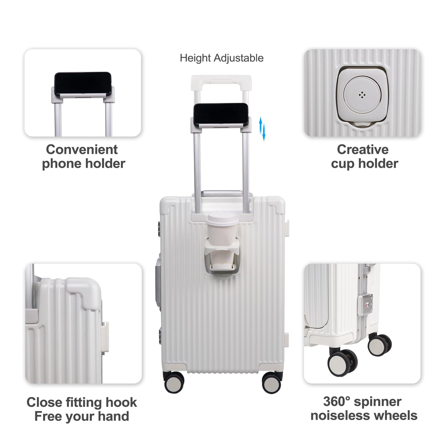 PRODUCTO 662 LAZEYARD Equipaje con estructura de aluminio con portavasos y puerto USB, compartimento delantero, cerradura TSA, maleta rígida aprobada por aerolíneas con ruedas giratorias (blanco, 24 pulgadas)