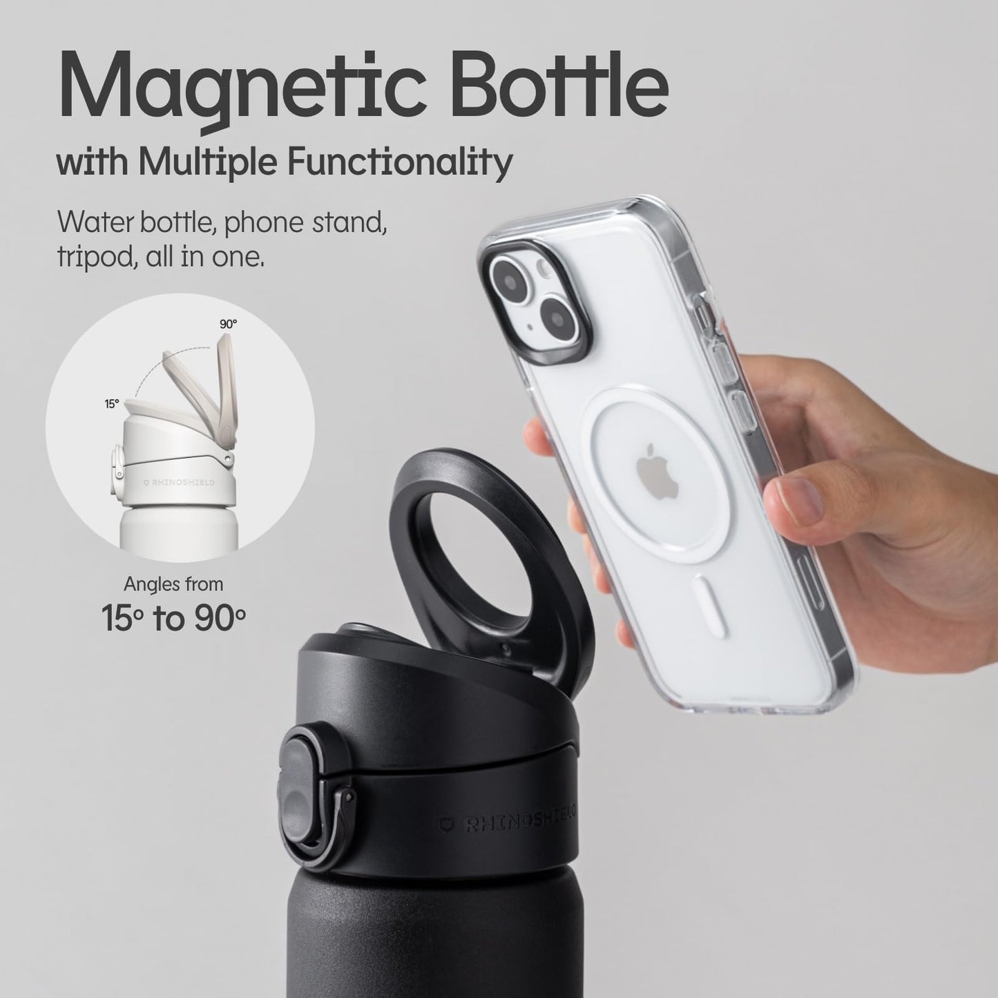 PRODUCTO 637-4 Botella magnética RhinoShield White AquaStand de 23 oz con carcasa beige [iPhone 15] Funda protectora SolidSuit | Botella de agua aislada de acero inoxidable con tapa con pajita y asa compatible con MagSafe