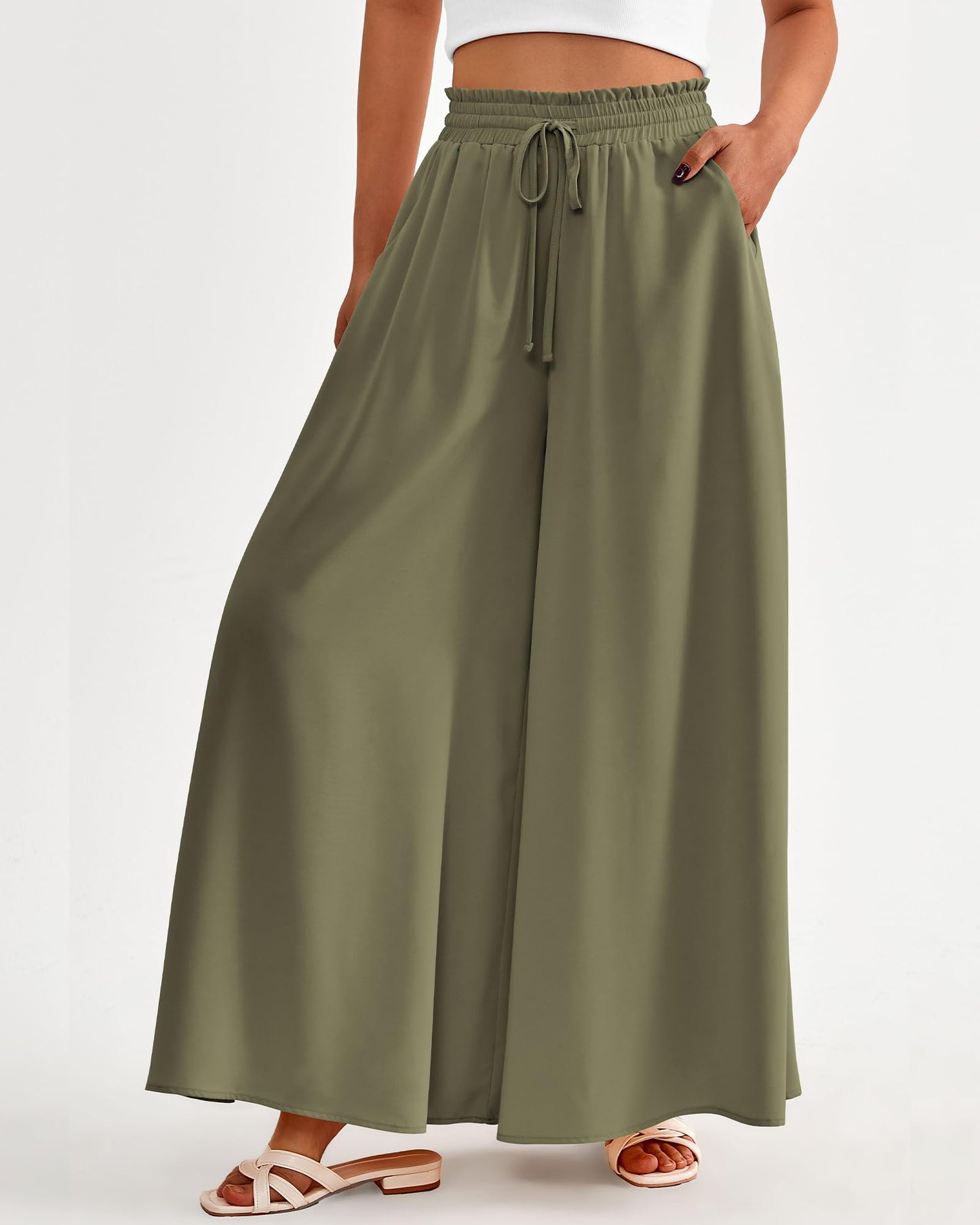 PRODUCTO 653 BTFBM Pantalones palazzo de verano para mujer, pantalones casuales con cintura elástica y pierna ancha, pantalones de playa fluidos, ropa de resort para mujer 2024 (verde militar sólido, pequeño)