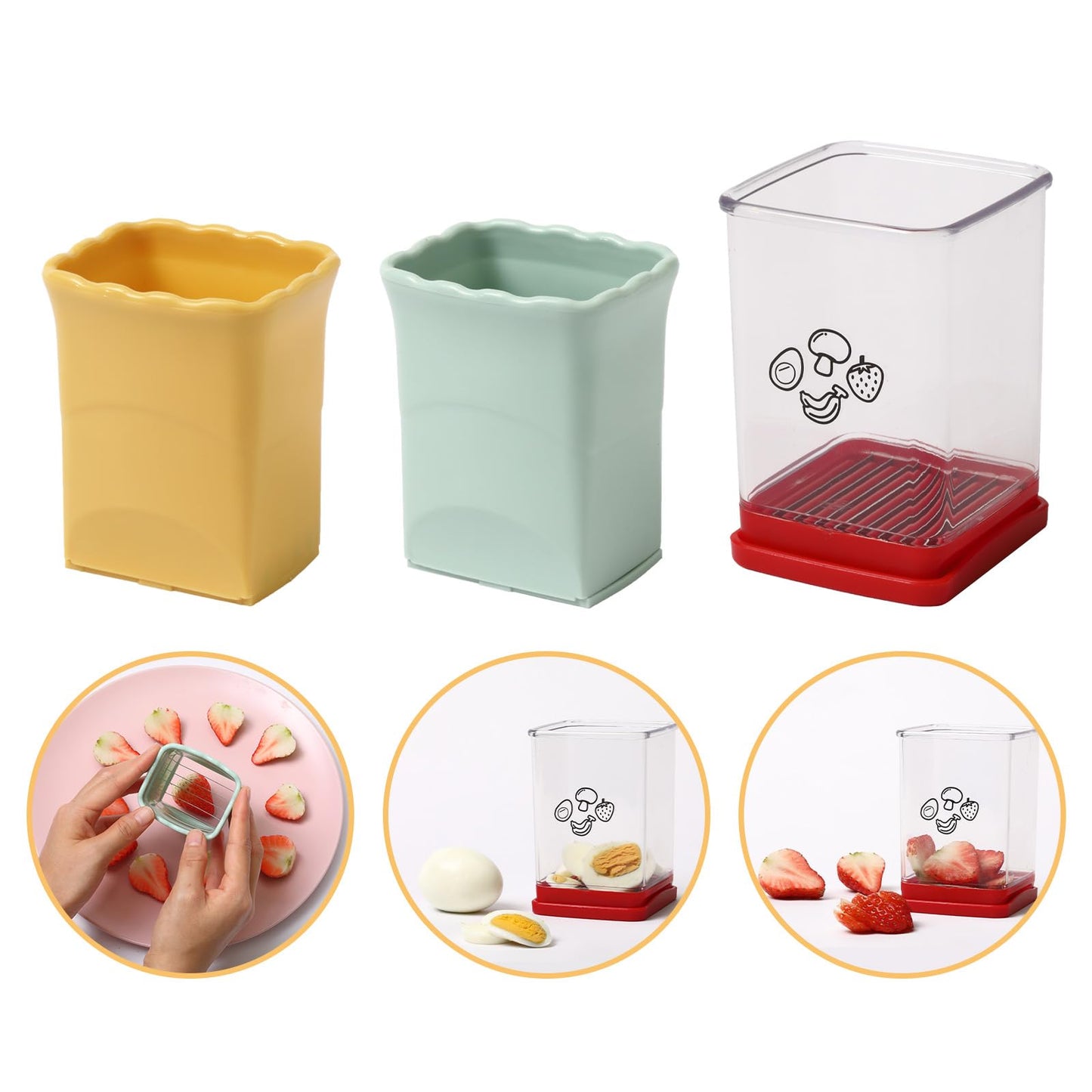 PRODUCTO 654 Paquete de 3 rebanadores de tazas, rebanador de frutas, rebanador de verduras con placa de empuje, rebanadores de huevos, rebanadores de plátano, cortador de fresas para hacer rápidamente ensalada de frutas y verduras