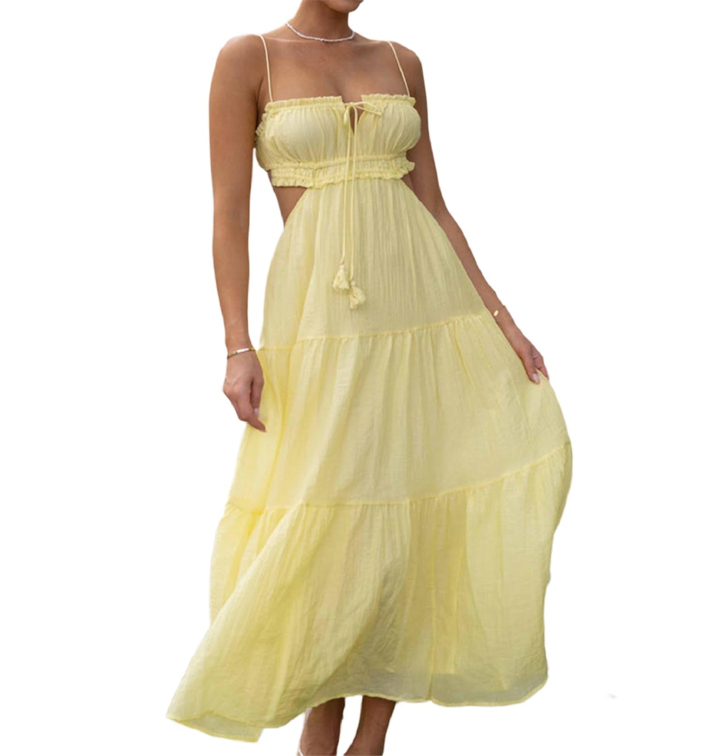 PRODUCTO 646 ROAONOCOMO Vestido largo con tirantes finos plisados Y2k para mujer Vestido largo sin espalda con recortes Vestido camisola largo con lazo en la espalda Vestidos con volantes Ropa de playa A-Amarillo