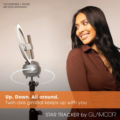 PRODUCTO 627 Glamcor Star Tracker | Seguimiento facial automático de 2 ejes impulsado por IA, no necesita aplicación, se adapta a la cámara, luces para iPad con accesorio multimedia (gris)