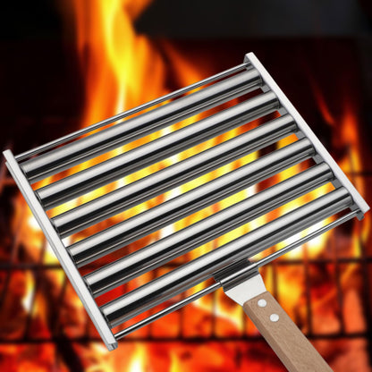 PRODUCTO 784-1 Rodillo para perritos calientes para parrilla, parrilla enrollable para salchichas de acero inoxidable con mango de madera, accesorios esenciales para acampar para barbacoa, perfecto para entusiastas de la barbacoa (tamaño grande)