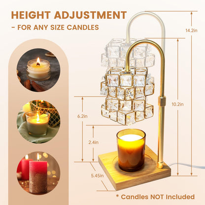 PRODUCTO 690 Lámpara calentador de velas con temporizador, calentador de velas de altura ajustable, calentador de velas eléctrico hecho a mano de cristal con 2 bombillas para decoración del hogar, calentador de cera regulable