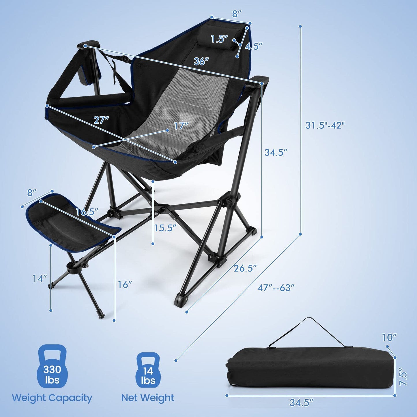 PRODUCTO 693 HAPPYGRILL Hamaca Silla de Camping Silla Columpio Plegable para Acampar con Reposapiés Retráctil, Almohada para la Cabeza Acogedora, Bolsa de Transporte, Mecedora Ligera y Portátil para Acampar Pesca Picnic