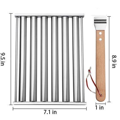 PRODUCTO 784-1 Rodillo para perritos calientes para parrilla, parrilla enrollable para salchichas de acero inoxidable con mango de madera, accesorios esenciales para acampar para barbacoa, perfecto para entusiastas de la barbacoa (tamaño grande)