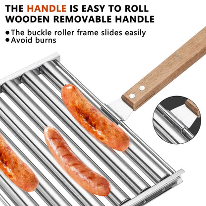 PRODUCTO 784-1 Rodillo para perritos calientes para parrilla, parrilla enrollable para salchichas de acero inoxidable con mango de madera, accesorios esenciales para acampar para barbacoa, perfecto para entusiastas de la barbacoa (tamaño grande)