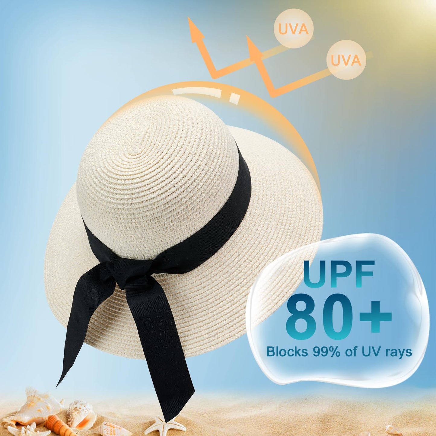 PRODUCTO 722-1 VIFUUR Sombreros de Paja para Mujer Visera de Verano de ala Ancha Sombrero para el Sol de Playa Plegable UPF UV Viaje Plegable Beige Puro L/XL