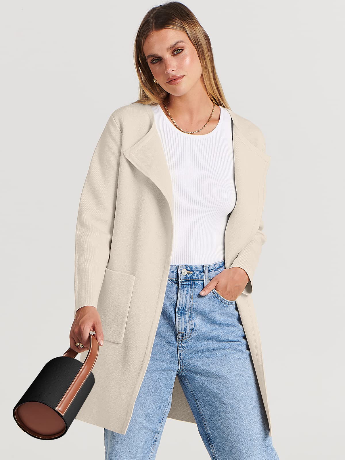 PRODUCTO 708 ANRABESS Cárdigan ligero de punto con frente abierto para mujer, suéter largo informal, abrigo, chaqueta para mujer, abrigo de otoño 2024 715kaqi-S Beige