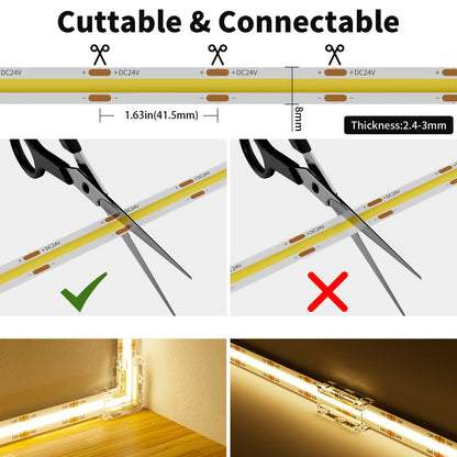 PRODUCTO 769 Tira de luz LED COB 2700K, 24 pies/7,5 m Regulable 3780LED DC24V luz LED blanca cálida, cinta de luz de alto lumen con función de temporizador remoto RF y fuente de alimentación de 48W para proyectos de iluminación de bricolaje en el hogar