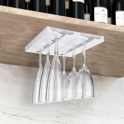 PRODUCTO 648-1 PTBeenta Estante de plástico para copas de vino, soporte para copas de vino sin perforación debajo del estante y gabinete, colgador organizador para copas colgantes para gabinete de bar, cocina, paquete de 2, blanco, 2 posavasos incluidos