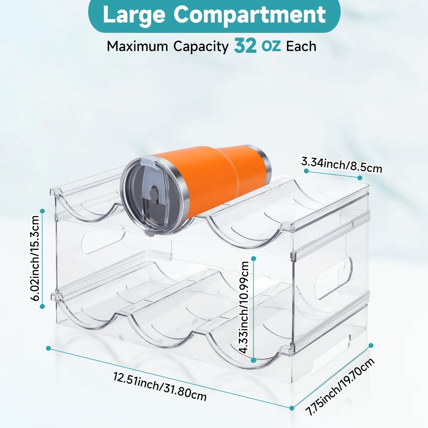 PRODUCTO 648 Damomo Organizador de botellas de agua con compartimento grande para gabinete, paquete de 2 organizadores apilables para botellas de agua, soporte transparente para vaso, taza de viaje, despensa de cocina, organización y almacenamiento