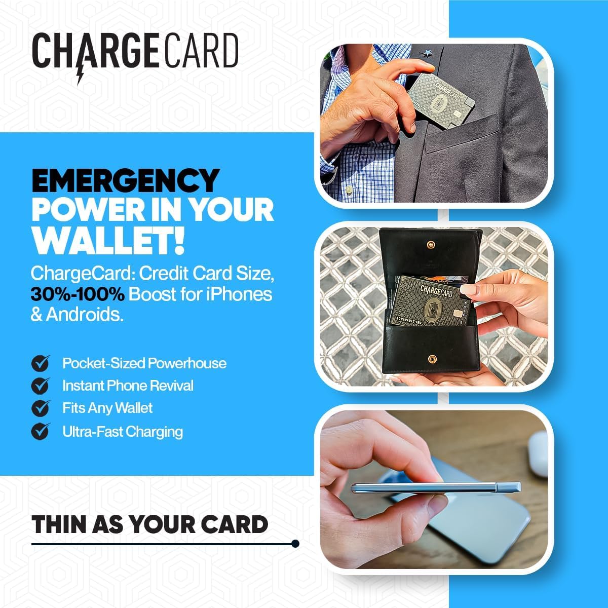 PRODUCTO 727 Cargador de teléfono de emergencia ultradelgado. Power Bank portátil que cabe en tu billetera. Funciona con todos los teléfonos. Carga rápida de 2300 mAh y 1,5 A. Cables integrados (Lightning, USB-C, Micro USB) ChargeCard PLATINUM