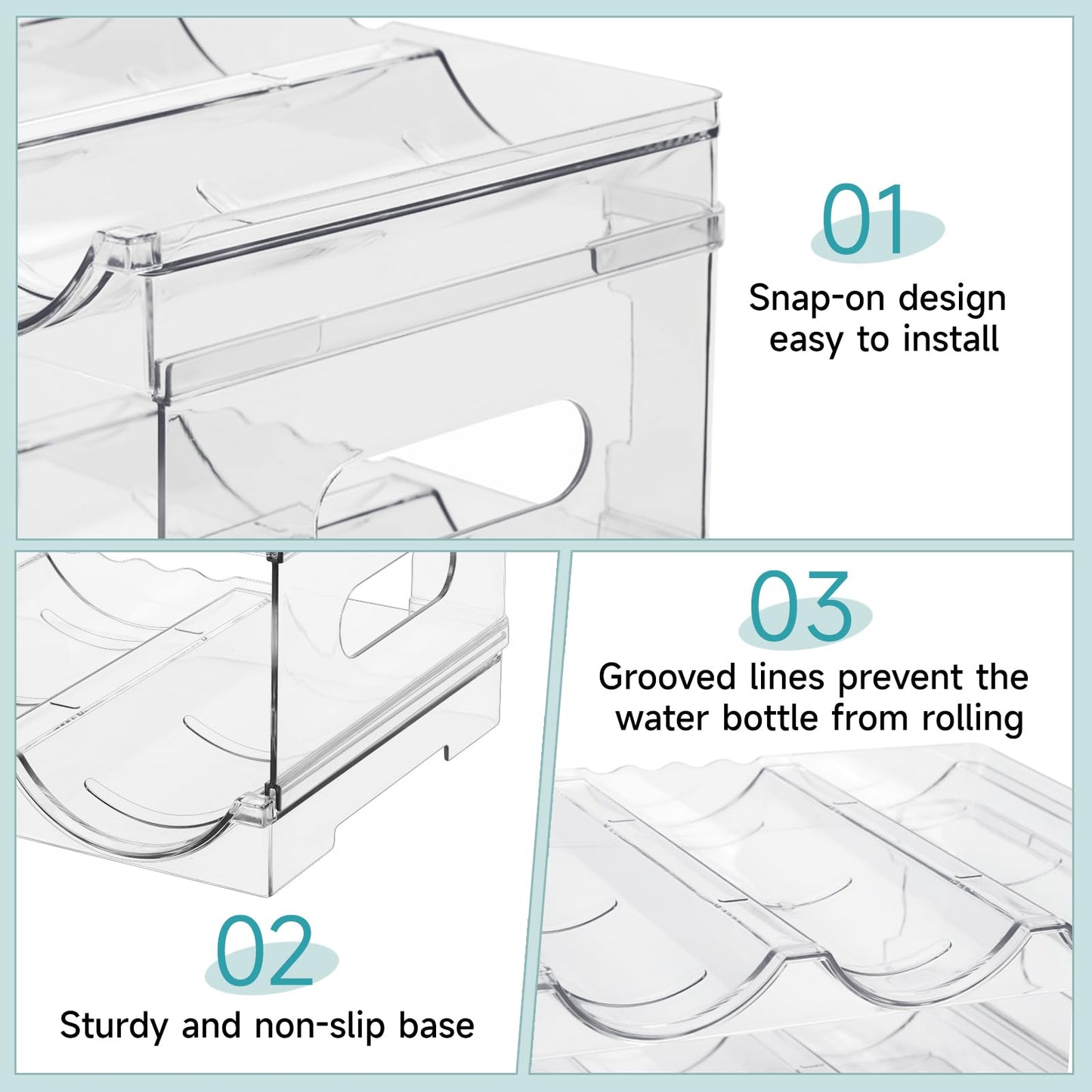 PRODUCTO 648 Damomo Organizador de botellas de agua con compartimento grande para gabinete, paquete de 2 organizadores apilables para botellas de agua, soporte transparente para vaso, taza de viaje, despensa de cocina, organización y almacenamiento