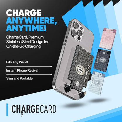 PRODUCTO 727 Cargador de teléfono de emergencia ultradelgado. Power Bank portátil que cabe en tu billetera. Funciona con todos los teléfonos. Carga rápida de 2300 mAh y 1,5 A. Cables integrados (Lightning, USB-C, Micro USB) ChargeCard PLATINUM