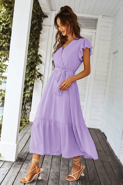 PRODUCTO 625-4 PRETTYGARDEN Vestido bohemio floral 2024 para mujer, cuello en V, manga corta, cinturón, dobladillo con volantes, línea A, vestidos largos fluidos (morado liso, pequeño)