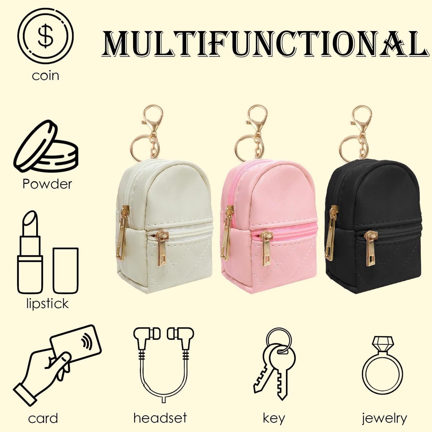 PRODUCTO 721 LYDZTION 3 Piezas Mini Mochila Linda Bolsa de Cosméticos para Mujeres, Bolsa de Maquillaje de Cuero PU Bolsillo para Llaves Bolsa para Lápiz Labial Titular de la Tarjeta Organizador de Cables de Datos Bolsa con Cremallera, Negro Beige Rosa