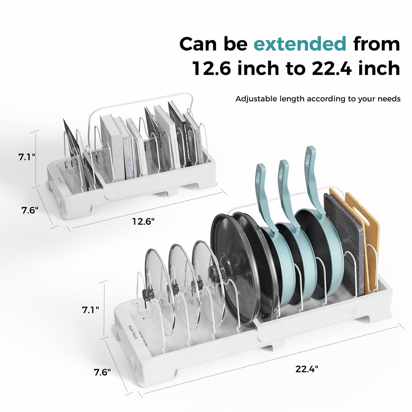 PRODUCTO 679-3 Organizador de tapas de ollas expandible - Organizador de ollas y sartenes para gabinete con 10 compartimentos ajustables y asa - Organizador de estantes para ollas y estante para tapas de ollas para tablas de cortar, platos, fuentes