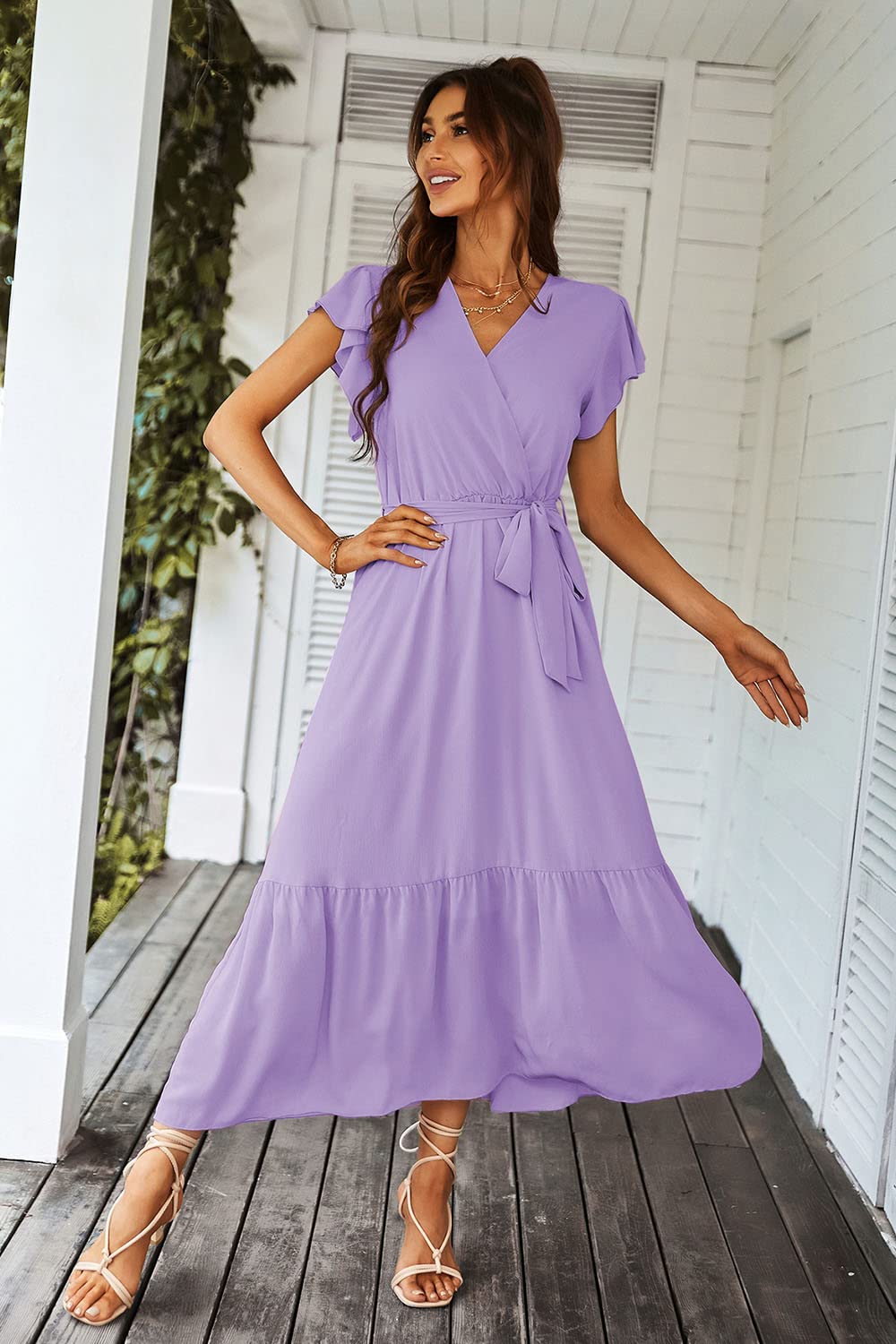 PRODUCTO 625-4 PRETTYGARDEN Vestido bohemio floral 2024 para mujer, cuello en V, manga corta, cinturón, dobladillo con volantes, línea A, vestidos largos fluidos (morado liso, pequeño)