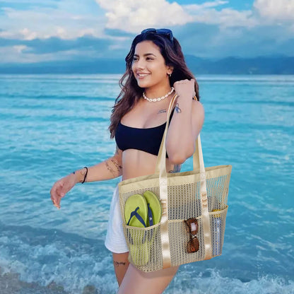 PRODUCTO 722-2 Tainehs Bolso de playa de malla Bolso grande Actualización 2024 para mujeres con múltiples bolsillos para picnic en la playa Vacaciones Viajes familiares Natación Bolsa impermeable para piscina Artículos esenciales de viaje