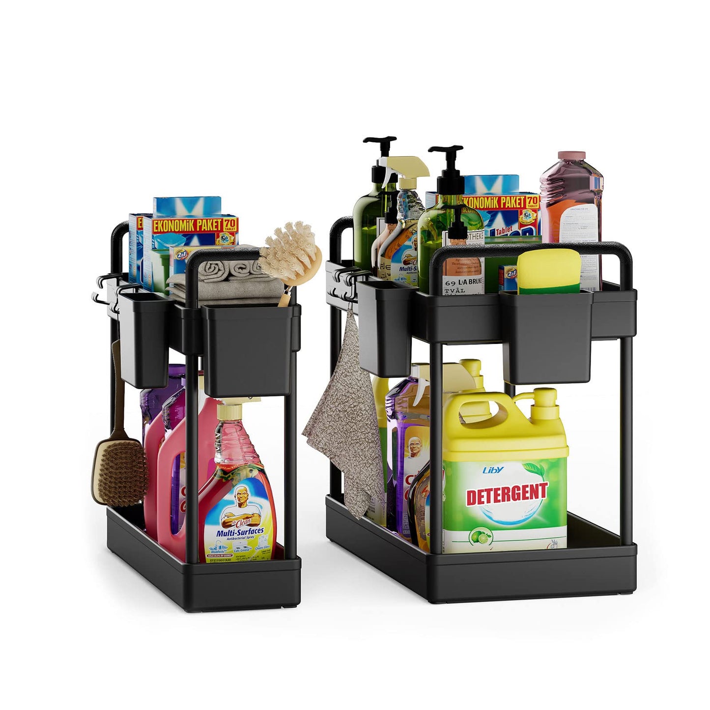 PRODUCTO 679 Paquete de 2 organizadores debajo del fregadero, organizadores y almacenamiento para gabinetes debajo del fregadero de cocina de 2 niveles con tazas y ganchos, cesta organizadora para estante debajo del fregadero de baño