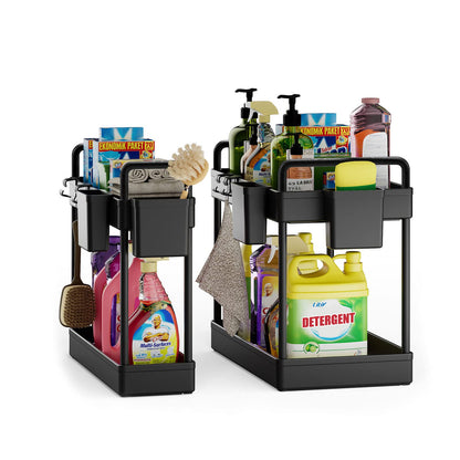 PRODUCTO 679 Paquete de 2 organizadores debajo del fregadero, organizadores y almacenamiento para gabinetes debajo del fregadero de cocina de 2 niveles con tazas y ganchos, cesta organizadora para estante debajo del fregadero de baño