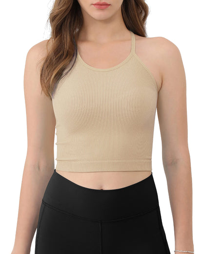 PRODUCTO 635-1 ODODOS Camisola corta para mujer, paquete de 3 camisetas sin mangas cortas de punto acanalado, lavadas y sin costuras, cortas largas, beige coral verde azulado, mediano/grande