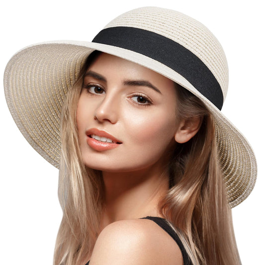 PRODUCTO 722-1 VIFUUR Sombreros de Paja para Mujer Visera de Verano de ala Ancha Sombrero para el Sol de Playa Plegable UPF UV Viaje Plegable Beige Puro L/XL