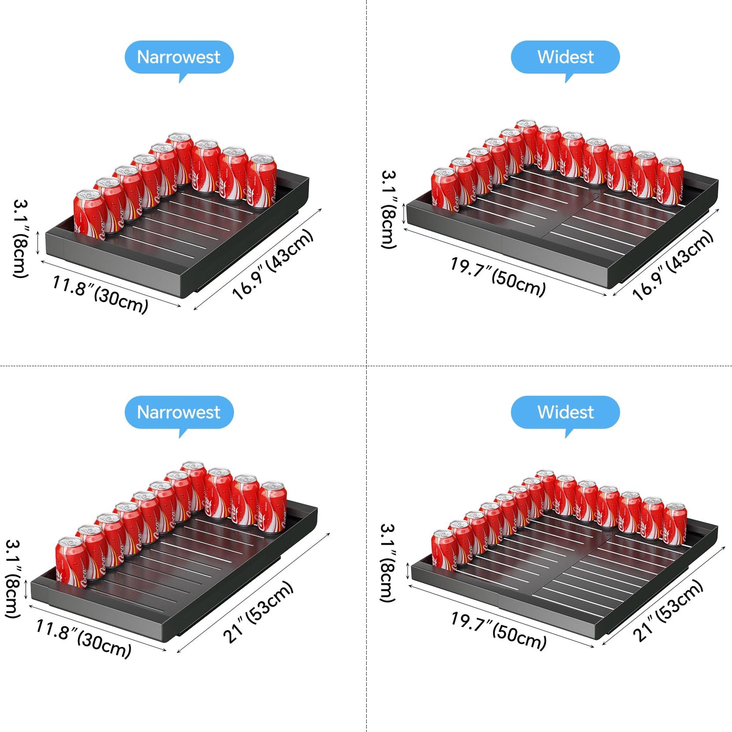 PRODUCTO 703 Organizador de gabinete extraíble, expandible (11.7"-19.7") Cajones deslizantes de alta resistencia fijados con nano película adhesiva para ollas, almacenamiento en estante enrollable para organización de gabinetes de base de cocina