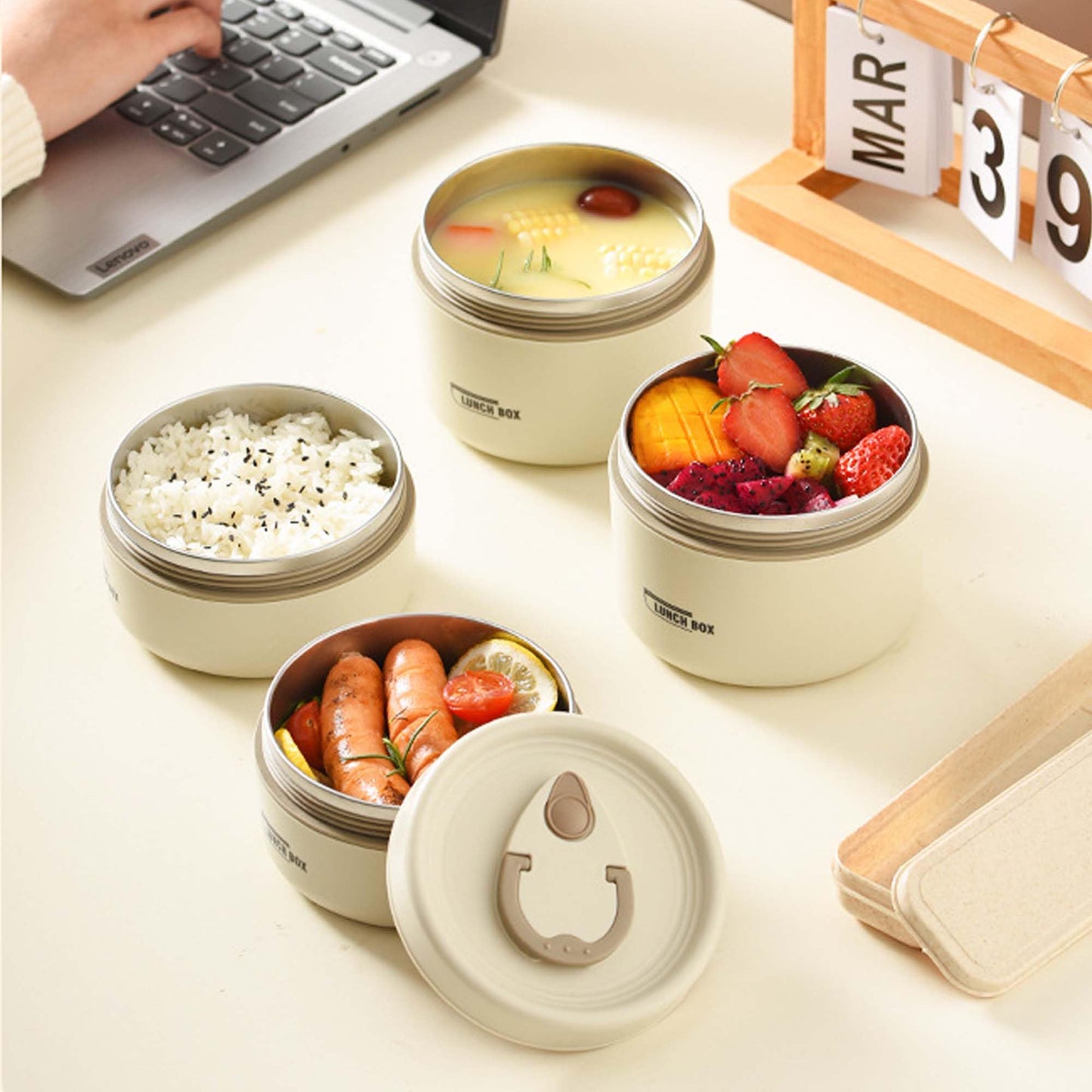 PRODUCTO 640 Acasimo Juego de lonchera portátil aislado para adultos, lonchera Bento apilable de acero inoxidable para comida caliente, recipiente térmico a prueba de fugas con bolsa (beige, 35 oz)