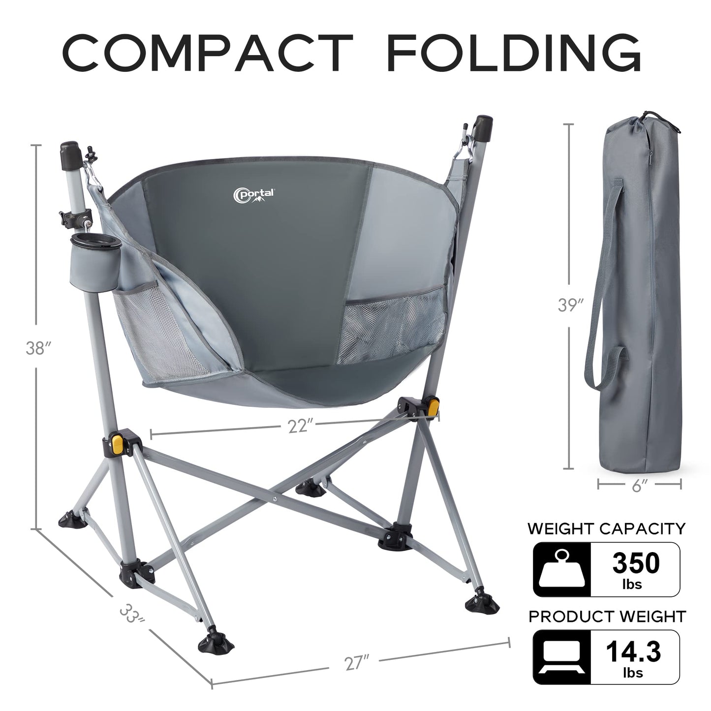 PRODUCTO 804 PORTAL Hamaca Silla de camping Silla oscilante portátil plegable con portavasos para exteriores RV Césped Patio trasero, soporta 350 libras