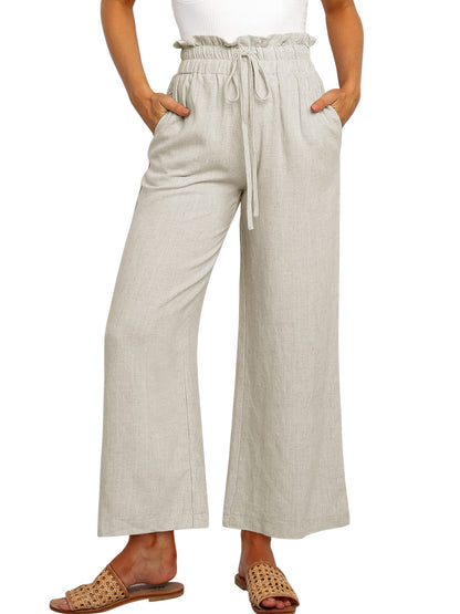 PRODUCTO 711-1 ANRABESS Pantalones de lino para mujer Pantalones cortos informales sueltos de cintura alta con cordón y pierna ancha Capri Palazzo Lounge Pantalones cortos 2024 Trajes de crucero de resort de verano Beige 939maxing-S