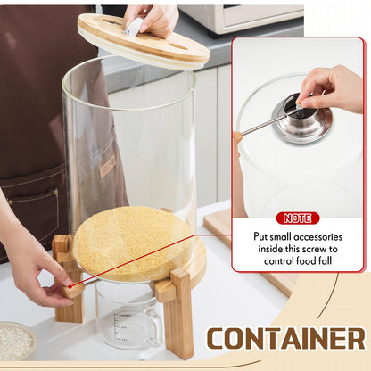 PRODUCTO 717 Tioncy Recipiente de Vidrio para Harina y Cereales de 8 litros Dispensador de Avena y arroz Contenedor de Almacenamiento Recipiente de Almacenamiento de Alimentos con Tapa hermética Soporte de Madera y Taza medidora