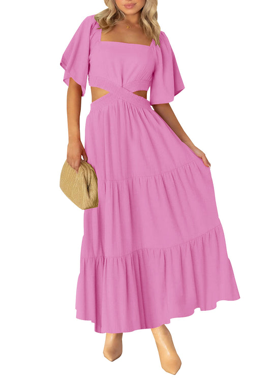 PRODUCTO 625 LEANI Vestido largo de verano de manga corta para mujer, sexy, con cintura recortada, vestidos largos de fiesta de boda, color rosa