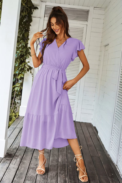 PRODUCTO 625-4 PRETTYGARDEN Vestido bohemio floral 2024 para mujer, cuello en V, manga corta, cinturón, dobladillo con volantes, línea A, vestidos largos fluidos (morado liso, pequeño)