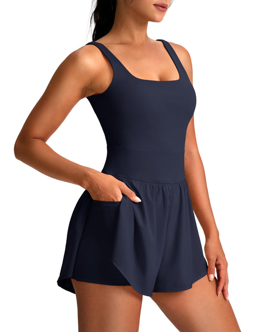 PRODUCTO 760-2 Soothfeel Mono de entrenamiento para mujer, mono de una pieza, pantalones cortos, tenis, gimnasio, mamelucos atléticos activos para mujer de verano (azul marino, M)