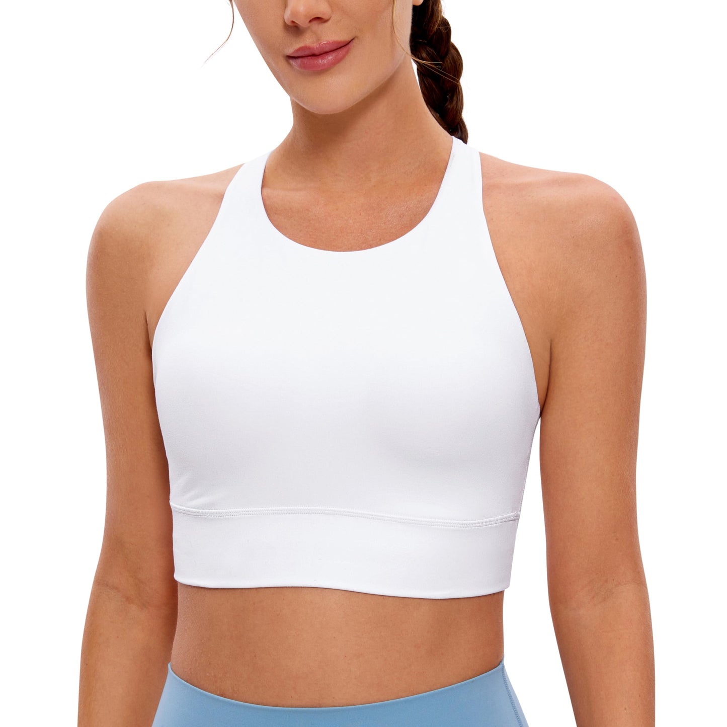 PRODUCTO 643-4 CRZ YOGA Sujetador deportivo largo con tiras y cuello alto Butterluxe para mujer - Sujetador deportivo acolchado con espalda cruzada y espalda cruzada Camiseta sin mangas corta Blanco mediano