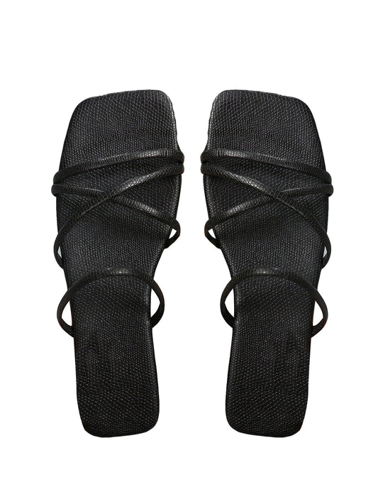 PRODUCTO 698-4 GORGLITTER Sandalias planas de cuero PU con tira cruzada y punta abierta, sandalias deslizantes de verano, sandalias negras CN40