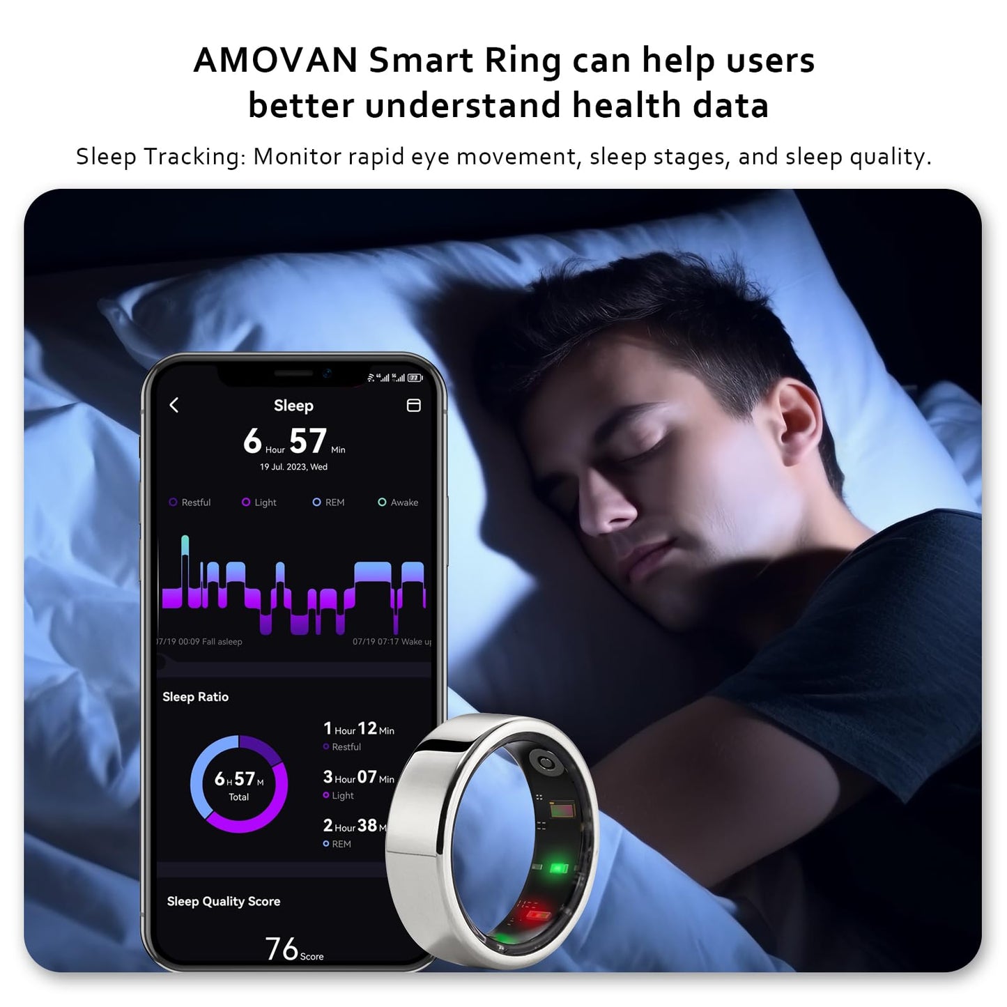 PRODUCTO 637-5 AMOVAN Anillo Inteligente Monitor de Salud del Sueño Frecuencia Cardíaca Oxígeno en Sangre Aleación de Titanio Rastreador Bluetooth Ligero para Hombres y Mujeres,Oro