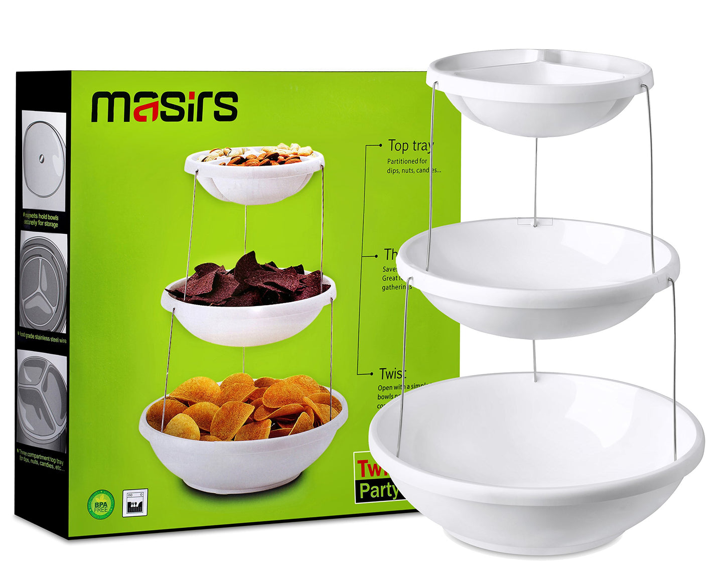 PRODUCTO 802 Tazón plegable de 3 niveles Masirs: Diseño decorativo que se pliega para un almacenamiento mínimo. Ideal para servir snacks, ensaladas y frutas. Tazón superior dividido en tres secciones.