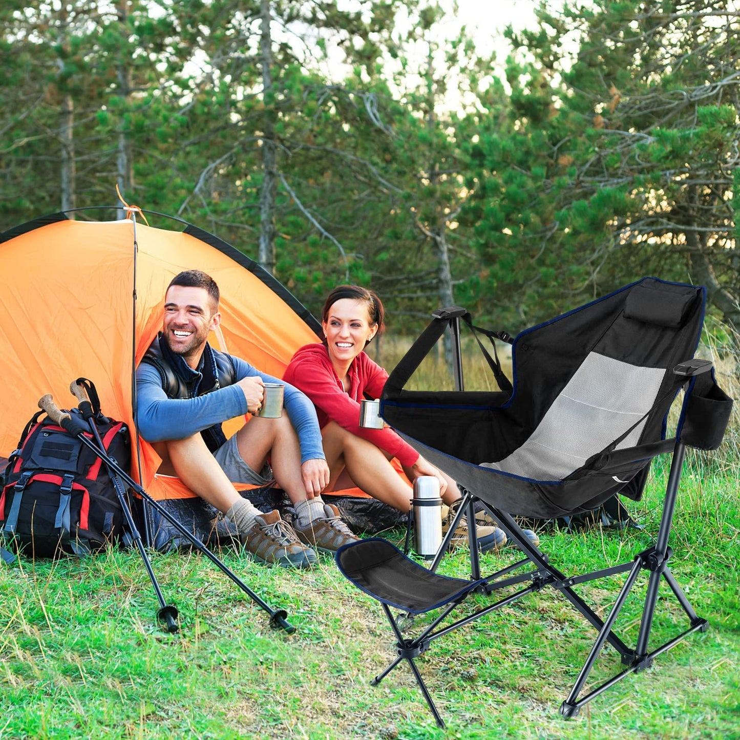 PRODUCTO 693 HAPPYGRILL Hamaca Silla de Camping Silla Columpio Plegable para Acampar con Reposapiés Retráctil, Almohada para la Cabeza Acogedora, Bolsa de Transporte, Mecedora Ligera y Portátil para Acampar Pesca Picnic